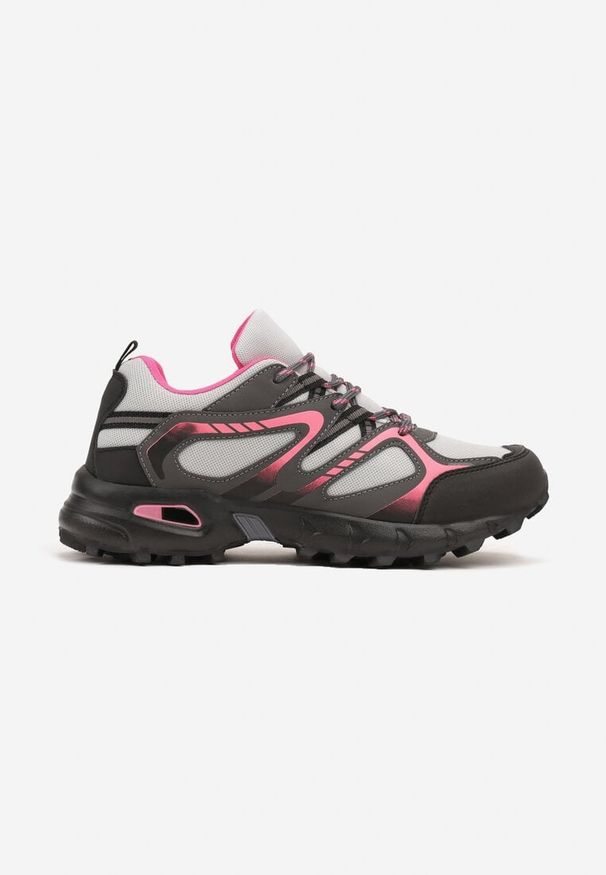 Born2be - Szaro-Fuksjowe Płaskie Sznurowane Buty Sportowe Sneakersy Ozdobione Tłoczeniem Raisha. Kolor: szary. Materiał: jeans. Wzór: aplikacja. Obcas: na obcasie. Wysokość obcasa: niski