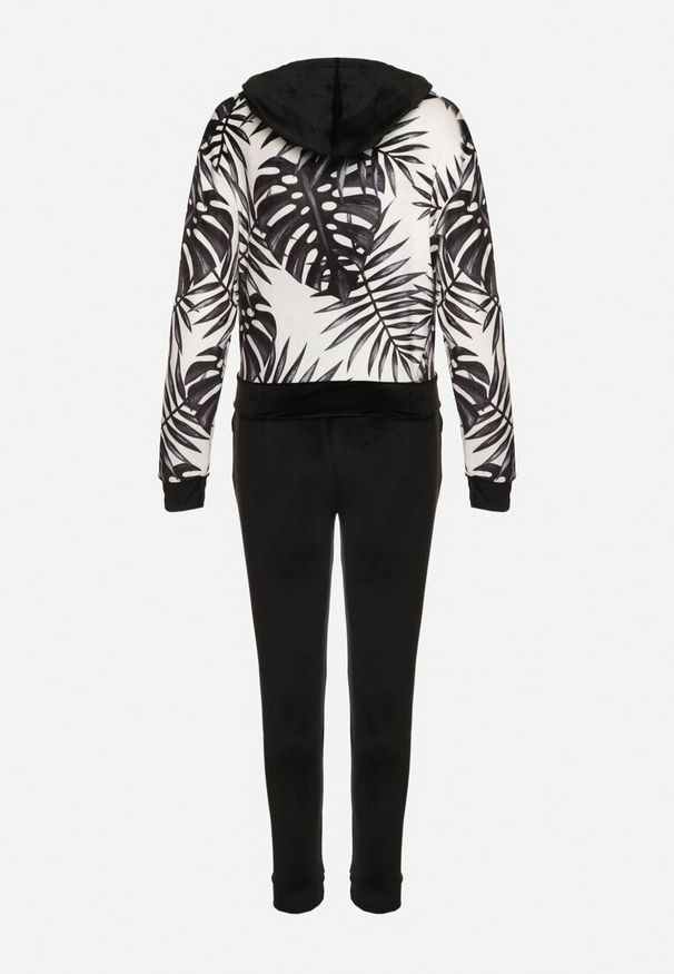 Born2be - Czarny Komplet Dresowy z Weluru Bluza z Kapturem z Ozdobnym Wzorem i Spodnie Grouvia. Kolor: czarny. Materiał: dresówka, welur
