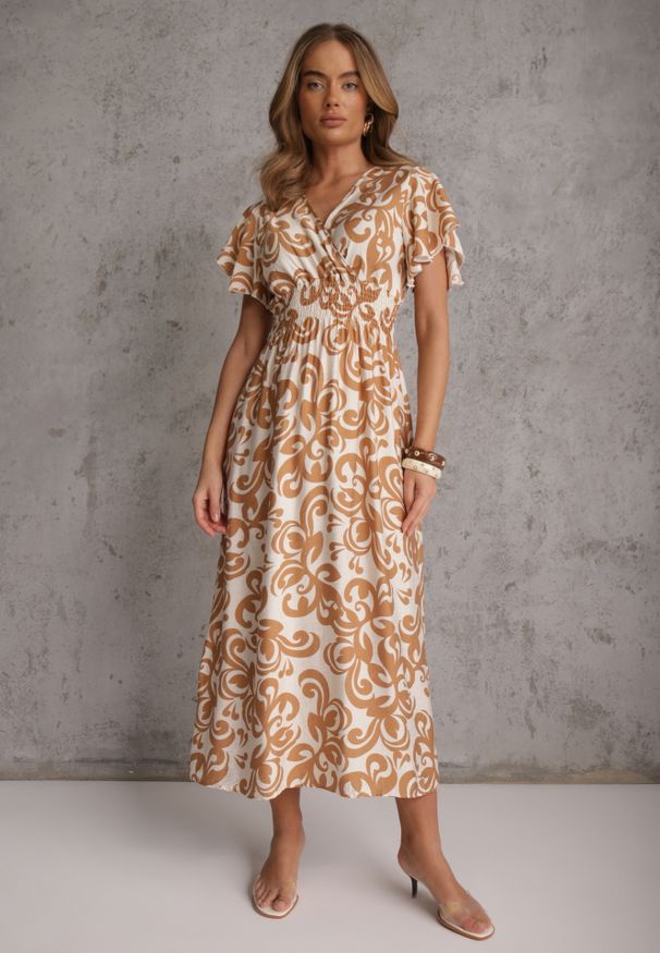 Renee - Brązowa Taliowana Sukienka z Wiskozy z Kopertowym Dekoltem Jynaela. Typ kołnierza: dekolt kopertowy. Kolor: brązowy. Materiał: wiskoza. Wzór: nadruk. Typ sukienki: kopertowe. Styl: boho