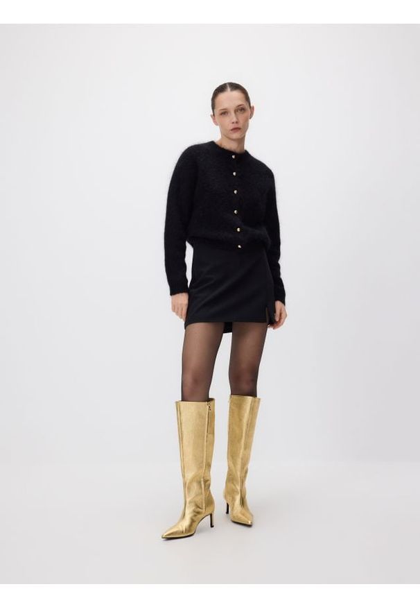 Reserved - Spódnica z ozdobnym paskiem - czarny. Kolor: czarny. Materiał: tkanina, wiskoza