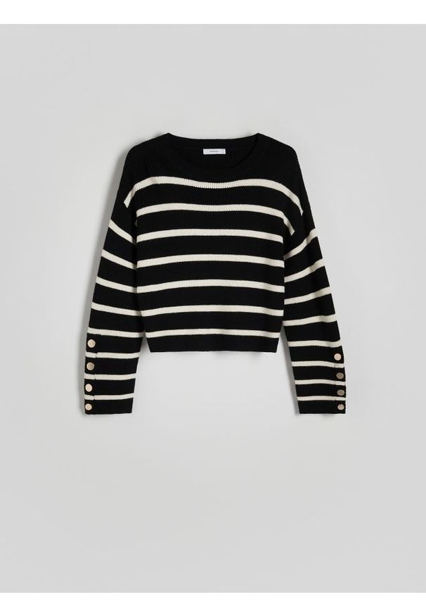Reserved - Sweter w paski - czarny. Kolor: czarny. Materiał: dzianina, wiskoza. Wzór: paski