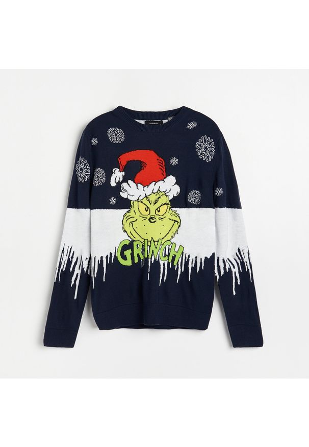 Reserved - Sweter ze wzorem Grinch - Granatowy. Kolor: niebieski