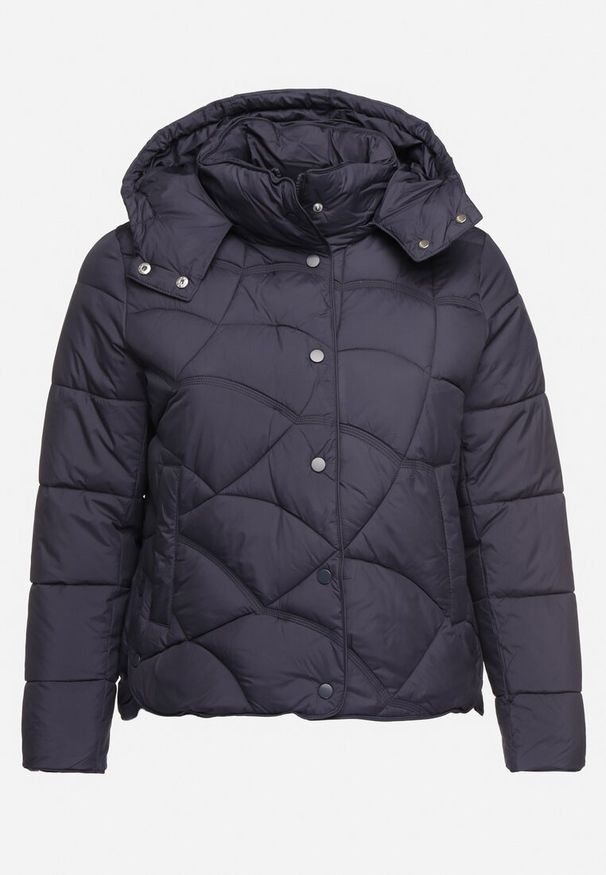 Born2be - Granatowa Pikowana Kurtka z Kieszeniami i Kapturem z Możliwością Odpięcia Nikigala. Okazja: na co dzień, na spacer. Kolekcja: plus size. Kolor: niebieski. Materiał: jeans, materiał. Styl: elegancki, casual