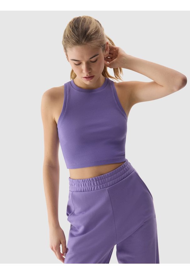 4f - 4F Crop top slim damski - fioletowy XS. Kolor: fioletowy. Materiał: dzianina, bawełna, materiał, prążkowany, elastan. Długość rękawa: na ramiączkach. Wzór: prążki, jednolity. Sezon: lato