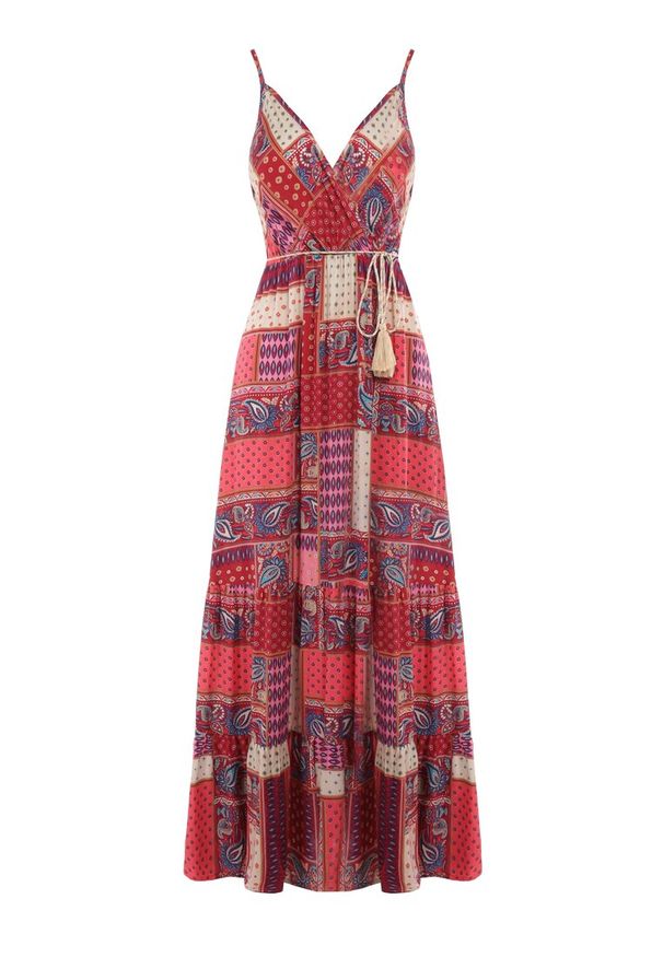 Born2be - Bordowa Sukienka Hickey. Kolor: czerwony. Długość rękawa: na ramiączkach. Wzór: aplikacja. Typ sukienki: kopertowe. Styl: boho. Długość: maxi