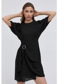 The Kooples Sukienka kolor czarny mini rozkloszowana. Kolor: czarny. Materiał: tkanina. Wzór: gładki. Typ sukienki: rozkloszowane. Długość: mini