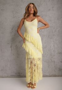 Renee - Żółta Koronkowa Sukienka na Ramiączkach Ozdobiona Falbankami Silurelle. Okazja: na co dzień. Typ kołnierza: kołnierz z falbankami. Kolor: żółty. Wzór: aplikacja. Typ sukienki: proste. Materiał: koronka. Długość rękawa: na ramiączkach. Sezon: lato. Styl: casual #2