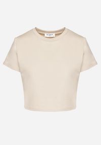 Born2be - Jasnobeżowy T-shirt z Bawełny o Krótkim Kroju Galarina. Okazja: na co dzień. Kolor: beżowy. Materiał: bawełna. Długość: krótkie. Styl: klasyczny, elegancki, casual #7