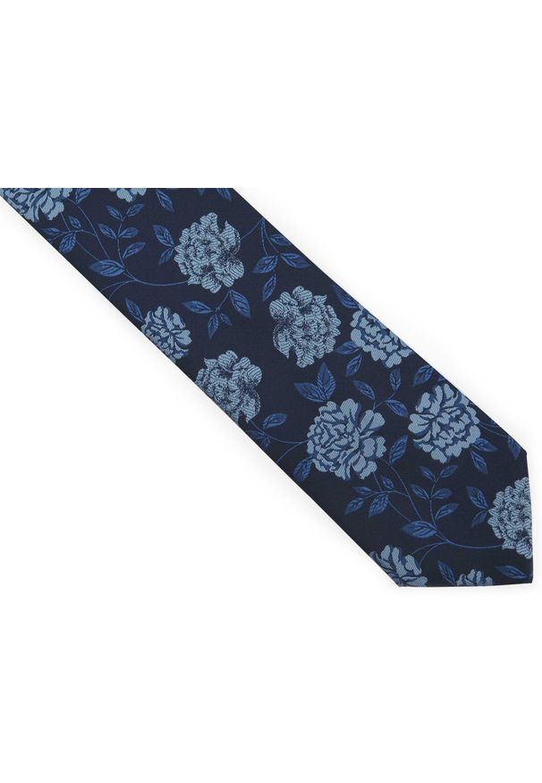 Adam Collection - Granatowy krawat męski w błękitne kwiaty D307. Kolor: niebieski. Materiał: mikrofibra, tkanina. Wzór: kwiaty
