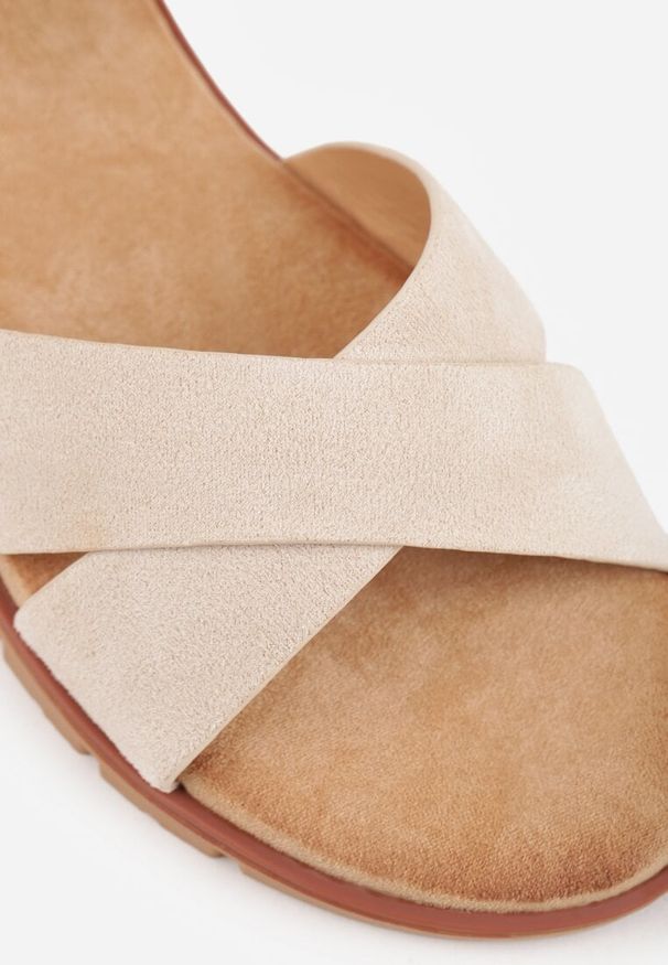 Renee - Beżowe Płaskie Sandały VICES z Cholewką ze Skrzyżowanymi Paskami Emelika. Zapięcie: pasek. Kolor: beżowy. Wzór: haft. Styl: boho