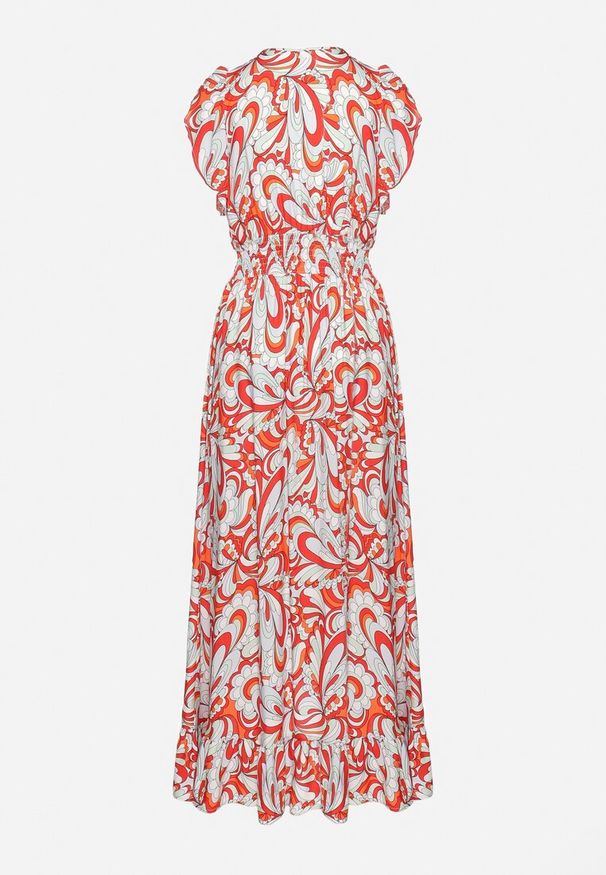 Born2be - Beżowo-Pomarańczowa Asymetryczna Sukienka z Gumką w Pasie z Falbankami z Wiskozy Venimra. Typ kołnierza: kołnierz z falbankami. Kolor: beżowy. Materiał: wiskoza. Typ sukienki: asymetryczne