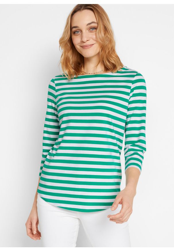 bonprix - Shirt z rękawami 3/4 i dekoltem w łódkę. Kolor: zielony. Materiał: bawełna