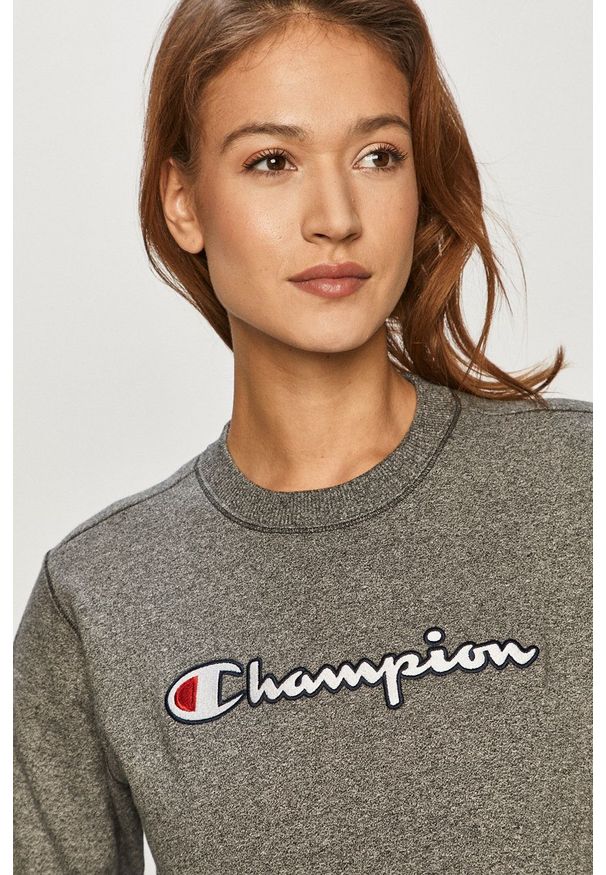 Champion - Bluza bawełniana. Okazja: na co dzień. Kolor: szary. Materiał: bawełna. Wzór: aplikacja. Styl: casual