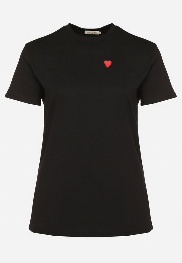Born2be - Czarny Bawełniany T-shirt Ozdobiony Sercem Tolianee. Okazja: na co dzień. Kolor: czarny. Materiał: bawełna. Wzór: aplikacja. Styl: klasyczny, casual