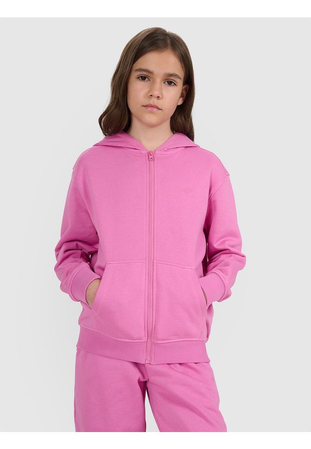 4f - 4F Bluza dresowa rozpinana z kapturem dziewczęca - różowa 164 (13-14 lat). Okazja: na co dzień. Typ kołnierza: kaptur. Kolor: różowy. Materiał: dresówka. Wzór: gładki, ze splotem. Sezon: lato. Styl: casual, sportowy