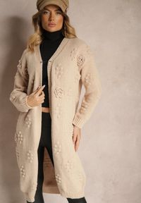Renee - Brązowy Kardigan z Wełną i Wiskozą Ozdobiony Tłoczeniem Besisia. Okazja: na co dzień. Kolor: brązowy. Materiał: wiskoza, wełna. Wzór: aplikacja. Styl: elegancki, casual