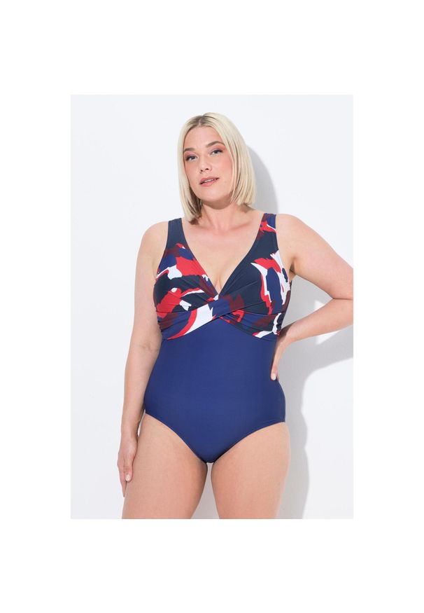ULLA POPKEN - Damski Strój kąpielowy ozdobny węzełek miękkie miseczki biust z nadrukiem. Kolekcja: plus size. Kolor: niebieski. Materiał: elastan, poliamid, materiał. Wzór: nadruk