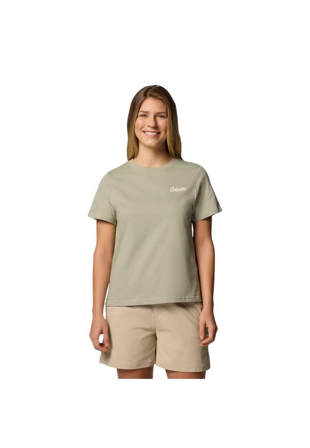 columbia - T-shirt sportowy z krótkim rękawem damski Rolling Bend Graphic SS Tee. Kolor: zielony. Materiał: bawełna, elastan. Długość rękawa: krótki rękaw. Długość: krótkie