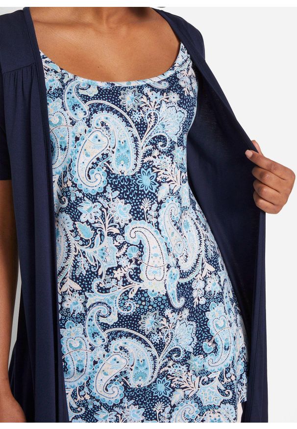 bonprix - Koszulka 2 w 1 z nadrukiem i okrągłym dekoltem. Kolor: niebieski. Długość rękawa: krótki rękaw. Długość: krótkie. Wzór: nadruk