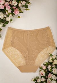 Renee - Ciemnobeżowe Majtki z Wysokim Stanem Ozdobione Koronką Chesen. Stan: podwyższony. Kolekcja: plus size. Kolor: beżowy. Materiał: koronka. Wzór: koronka, aplikacja