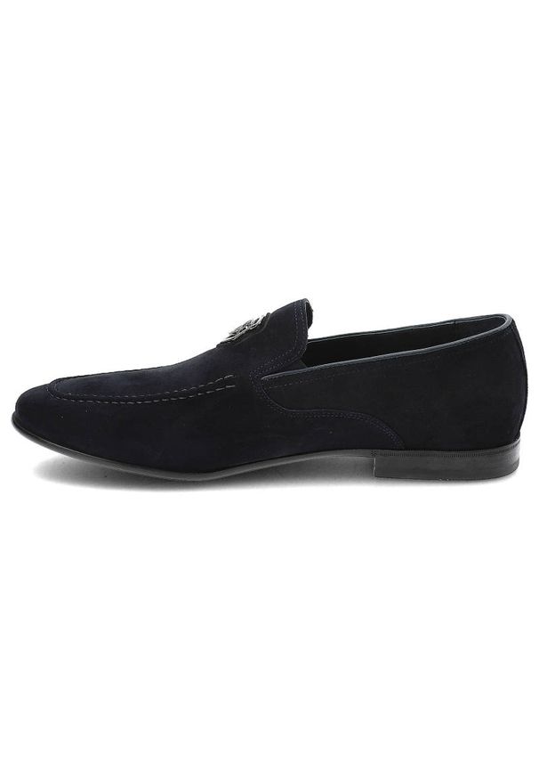 Granatowe Mokasyny John Doubare Męskie Modne Półbuty. Kolor: niebieski. Materiał: skóra, zamsz. Szerokość cholewki: normalna. Wzór: aplikacja. Styl: elegancki