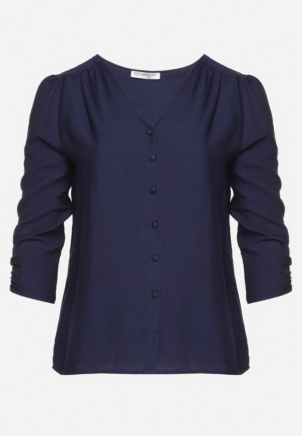 Born2be - Granatowa Koszula z Wiskozy Ozdobiona Marszczonymi Rękawami i Guzikami Lanorea. Okazja: na co dzień. Typ kołnierza: dekolt w serek. Kolor: niebieski. Materiał: wiskoza. Wzór: aplikacja. Styl: casual, klasyczny, elegancki