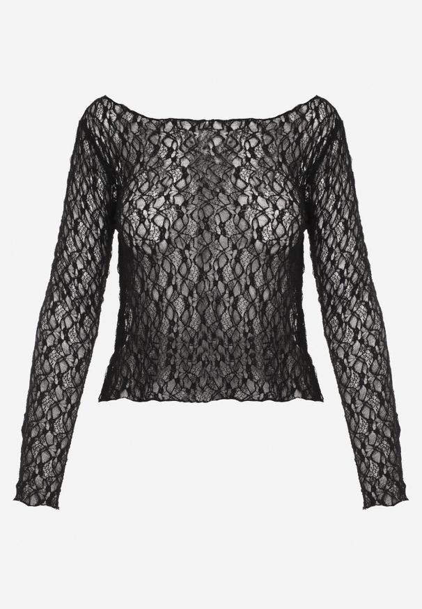 Renee - Czarna Bluzka Longsleeve z Koronki z Dekoltem w Stylu Łódki Chaldera. Okazja: na co dzień. Kolor: czarny. Materiał: koronka. Długość rękawa: długi rękaw. Długość: długie. Wzór: koronka. Styl: elegancki, casual