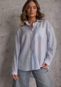 Renee - Niebieska Koszula Oversize z Tencelu w Paski z Haftowanym Wzorem Tidore. Okazja: na co dzień. Kolor: niebieski. Materiał: poliester, jeans, materiał. Wzór: haft, paski. Styl: casual, elegancki #5