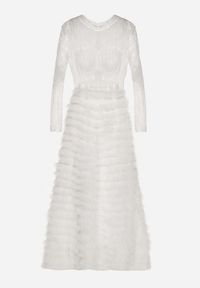 Born2be - Biała Maxi Sukienka Rozkloszowana z Koronkową Górą i Tiulowymi Falbankami Firina. Typ kołnierza: kołnierz z falbankami. Kolor: biały. Materiał: tiul, koronka. Długość: maxi #2