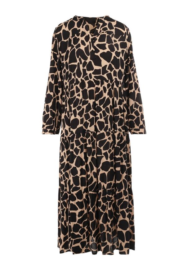 Born2be - Czarno-Beżowa Sukienka Argope. Typ kołnierza: dekolt w serek. Kolor: beżowy. Wzór: nadruk. Styl: klasyczny. Długość: midi