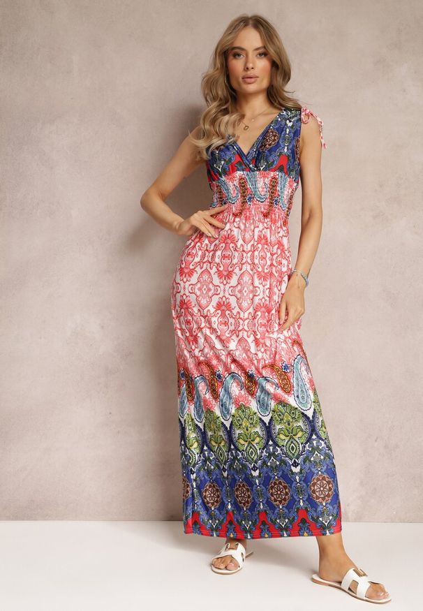 Renee - Czerwono-Granatowa Sukienka Maxi w Stylu Boho z Gumką w Pasie Bernette. Kolor: czerwony. Styl: boho. Długość: maxi