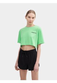 4f - T-shirt crop-top gładki damski. Kolor: zielony. Materiał: bawełna, dzianina. Wzór: gładki