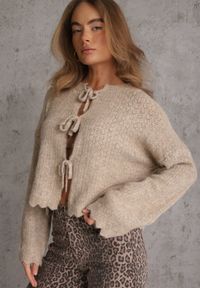 Renee - Beżowy Nietoperzowy Kardigan Wiązany z Ażurowym Wzorem i Dodatkiem Wełny Paleris. Okazja: na co dzień. Kolor: beżowy. Materiał: wełna. Wzór: ażurowy. Styl: casual #1