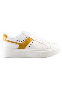 SHELOVET Casualowe Sneakersy Z Eko Skóry białe żółte. Okazja: na co dzień. Kolor: wielokolorowy, żółty, biały. Szerokość cholewki: normalna. Wzór: motyw zwierzęcy