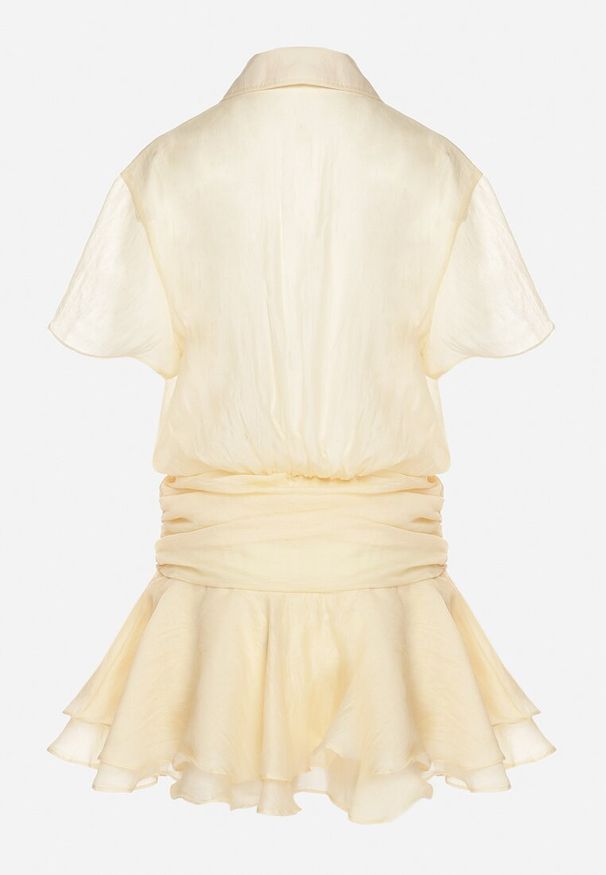 Born2be - Żółta Koszulowa Sukienka z Krótkim Rękawem i Falbankami Miradira. Okazja: na co dzień. Typ kołnierza: kołnierz z falbankami. Kolor: żółty. Długość rękawa: krótki rękaw. Wzór: aplikacja. Typ sukienki: koszulowe. Styl: casual, elegancki, klasyczny