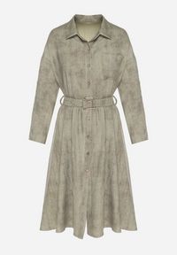 Born2be - Zielona Sukienka o Koszulowym Kroju z Paskiem z Klamrą Evelmio. Okazja: na co dzień. Typ kołnierza: kołnierzyk klasyczny. Kolor: zielony. Materiał: jeans. Długość rękawa: długi rękaw. Typ sukienki: koszulowe. Styl: klasyczny, casual, elegancki #4