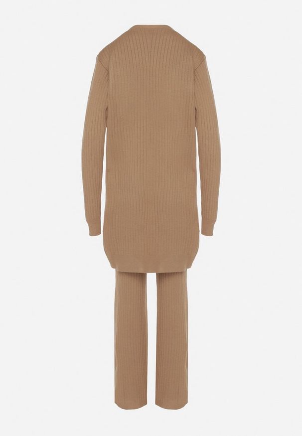 Born2be - Ciemnobeżowy Komplet Dzianinowy z Bawełną Spodnie Kamizelka i Długi Kardigan Meviravia. Kolor: beżowy. Materiał: dzianina, bawełna