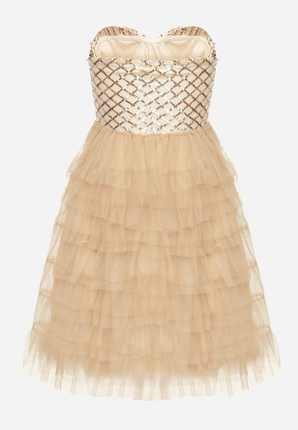 Born2be - Beżowa Sukienka Mini Bez Ramiączek z Cyrkoniami i Tiulem Jesionna. Kolor: beżowy. Materiał: tiul. Długość rękawa: bez ramiączek. Wzór: aplikacja. Długość: mini
