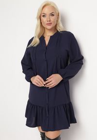 Born2be - Granatowa Koszulowa Sukienka Mini z Falbanką Brindel. Kolor: niebieski. Typ sukienki: koszulowe. Długość: mini #2