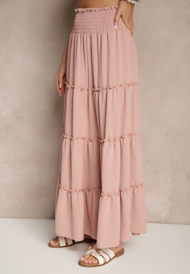 Renee - Różowa Rozkloszowana Spódnica z Gumką w Talii Zdobiona Falbanami Dovinelle. Okazja: na co dzień. Kolor: różowy. Wzór: aplikacja. Styl: casual, elegancki