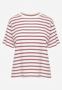 Renee - Czerwono-Biały T-shirt z Bawełny Ozdobiony Poziomymi Paskami Nautida. Okazja: na co dzień. Kolor: biały. Materiał: bawełna. Wzór: aplikacja. Styl: casual #6