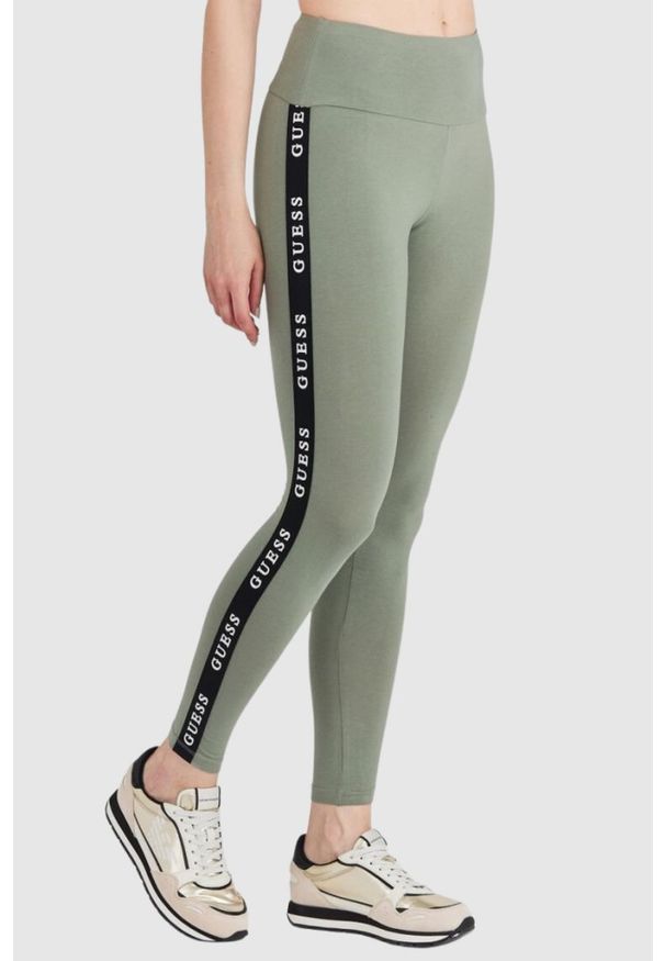 Guess - GUESS Zielone legginsy damskie z lampasami, Rozmiar XS. Kolor: zielony. Materiał: bawełna