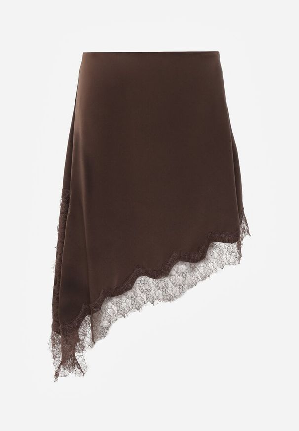 Renee - Brązowa Asymetryczna Spódnica z Satyny Zdobiona Koronką Katarva. Okazja: na imprezę, na co dzień. Kolor: brązowy. Materiał: satyna, koronka. Wzór: aplikacja, koronka. Styl: casual, elegancki