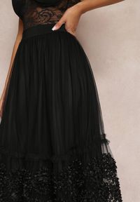 Renee - Czarna Tiulowa Spódnica Maxi z Gumką w Talii Nadelyn. Kolor: czarny. Materiał: tiul. Wzór: aplikacja #2