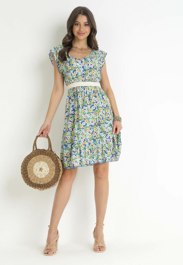 Born2be - Zielono-Granatowa Sukienka Mini z Gumką w Pasie i Falbankami z Bawełny Shelbin. Typ kołnierza: kołnierz z falbankami. Kolor: zielony. Materiał: bawełna. Długość: mini