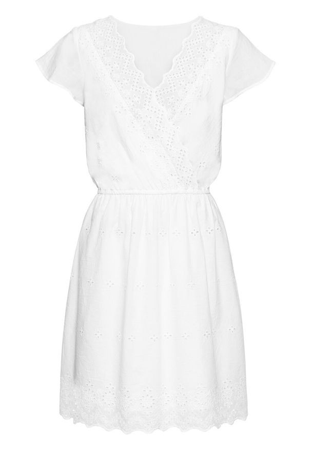 Sukienka z ażurowym haftem bonprix biel wełny. Kolor: biały. Materiał: wełna. Wzór: ażurowy, haft