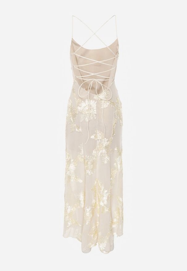 Renee - Beżowa Wieczorowa Sukienka z Siateczki z Gorsetowym Wiązaniem na Plecach Cezenna. Okazja: na co dzień. Typ kołnierza: dekolt gorset. Kolor: beżowy. Wzór: kwiaty, aplikacja. Typ sukienki: gorsetowe. Styl: wizytowy