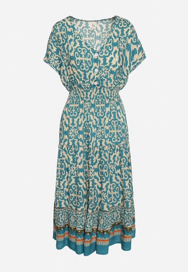 Born2be - Miętowa Bawełniana Sukienka z Dekoltem w Serek Zapinana na Guziki z Gumką w Pasie Kelea. Okazja: na co dzień. Typ kołnierza: dekolt w serek. Kolor: miętowy. Materiał: bawełna. Typ sukienki: proste. Styl: casual, elegancki, klasyczny, wizytowy