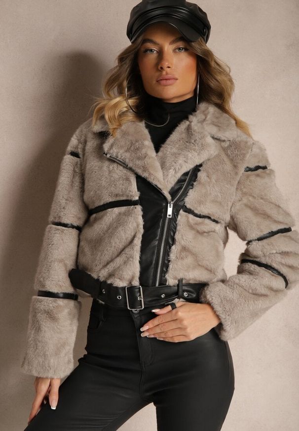Renee - Szara Kurtka z Pikowanym Futerkiem z Paskiem i Klamrą Norandel. Okazja: na co dzień. Kolor: szary. Materiał: futro. Styl: klasyczny, casual, elegancki