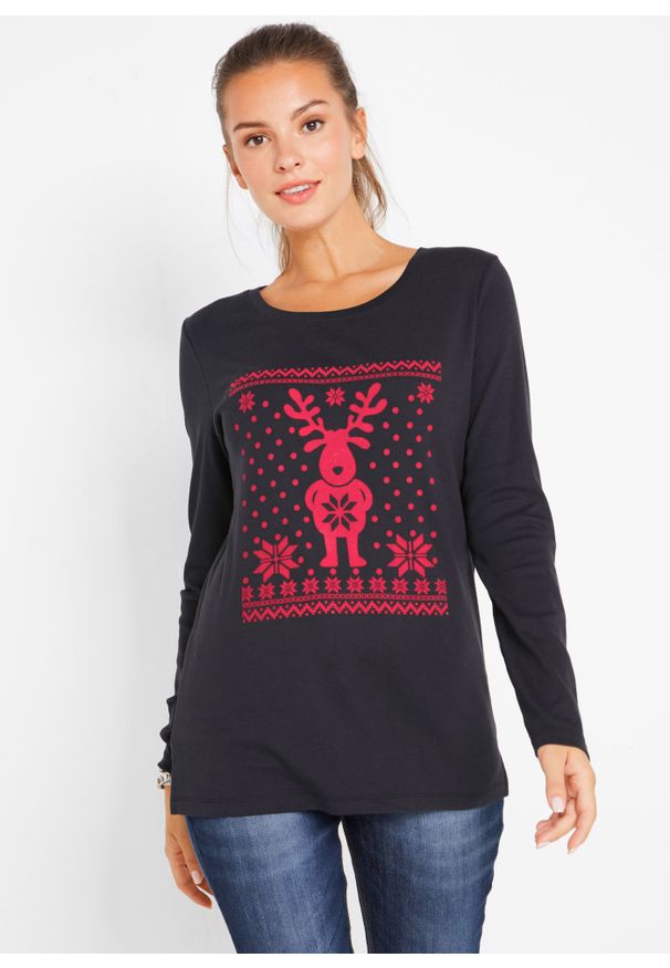 bonprix - Shirt bawełniany z długim rękawem i bożonarodzeniowym motywem. Kolor: czarny. Materiał: bawełna. Długość rękawa: długi rękaw. Długość: długie